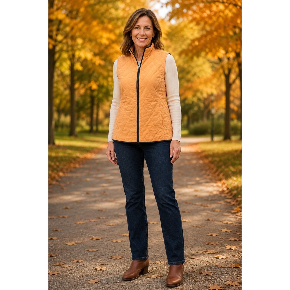 Talbots Womens Quilted Puffer Vest Mustard Yellow Navy Trim Diamond Stitch Small